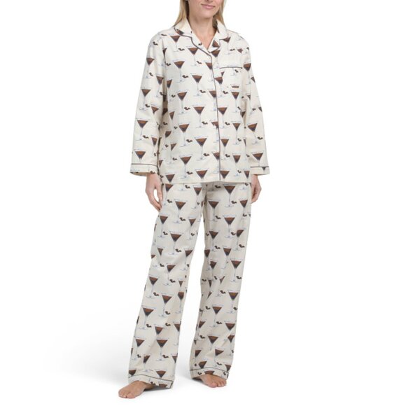 CRAFTED BY MAHOGANY Beige 2pc Cotton Espresso Martini Pajama Set - Picture 1 of 2